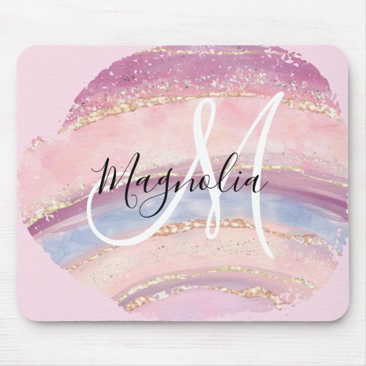 Glam Goud Roze Blauwe Edelsteen Kwaststreek Monogr Muismat (Voorkant)