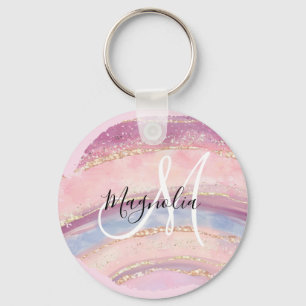 Glam Goud Roze Blauwe Edelsteen Kwaststreek Monogr Sleutelhanger