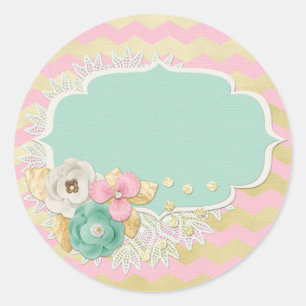 Glam Goud & Shabby Chic Roze Bloemen Kant Kleedje  Ronde Sticker
