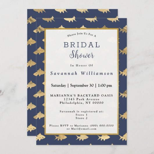 Glam Goud Vis Navy Blauwe Bruiloft Feest Kaart (Voorkant / Achterkant)