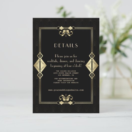 Glam Goud Zwart Art Deco 20s Trouwreceptie Informatiekaartje (Staand voorkant)