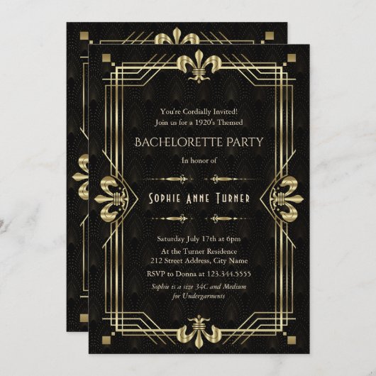 Glam Goud Zwart Art Deco Bachelorette Party Kaart (Voorkant / Achterkant)