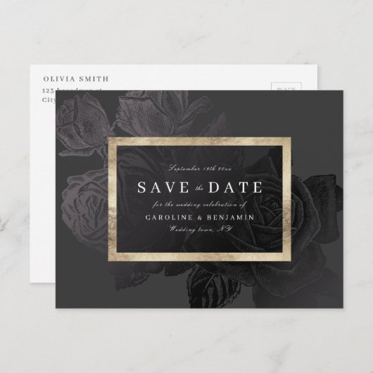 Glam goud zwart botanische bloemen sparen de datum aankondigingskaart (Voorkant / Achterkant)