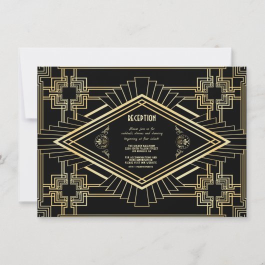 Glam Goud Zwart Great Gatsby Bruiloftsreceptie Kaart (Voorkant)