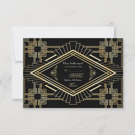 Glam Goud Zwart Great Gatsby Huwelijks RSVP (Voorkant)