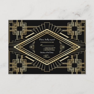 Glam Goud Zwart Great Gatsby Huwelijks RSVP Kaartje