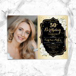 Glam Goud Zwart Wit 50ste foto Verjaardag Kaart<br><div class="desc">Elegante bloemenvrouwelijke 50e verjaardagsuitnodiging met uw foto. Glam ontwerp met faux goud. Beschikt over witte rozen,  script lettertype en confetti. Perfect voor een stijlvol volwassen feestje. Personaliseer met je eigen gegevens. Kan voor om het even welke leeftijd worden aangepast! Gedrukte Zazzle-uitnodigingen of direct download digitale afdrukbare sjabloon.</div>