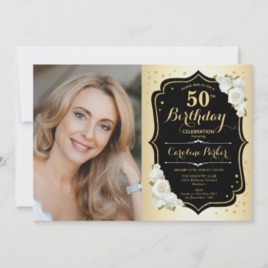 Glam Goud Zwart Wit 50ste foto Verjaardag Kaart (Voorkant)