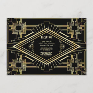 Glam Goud Zwarte Gatsby Bruiloftsreceptie Kaart