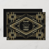 Glam Goud Zwarte Great Gatsby Bruiloftsreceptie Kaart (Voorkant / Achterkant)