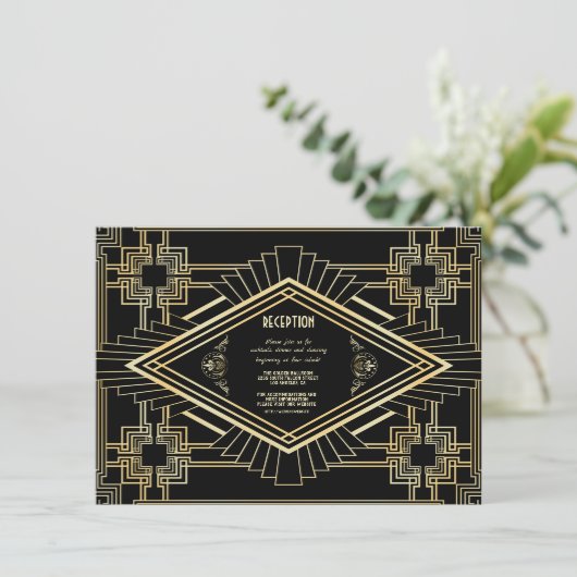 Glam Goud Zwarte Great Gatsby Bruiloftsreceptie Kaart (Staand voorkant)