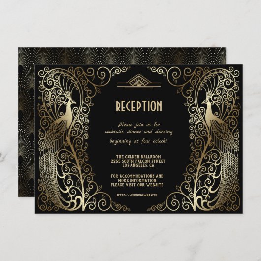 Glam Gouden Art Deco Pauwen Senior Reception Kaart (Voorkant / Achterkant)