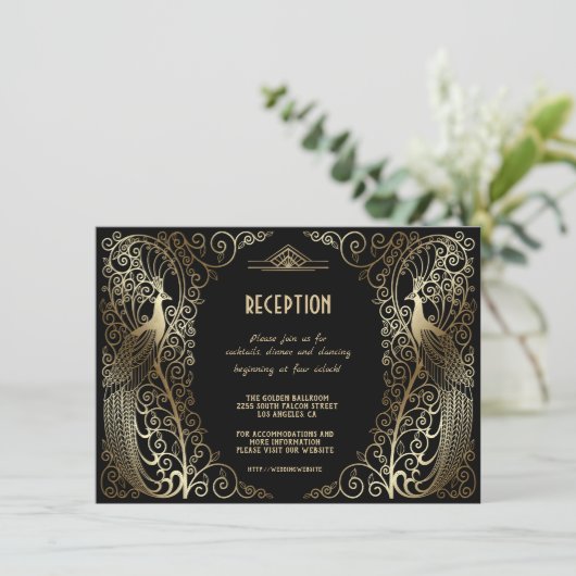 Glam Gouden Art Deco Pauwen Senior Reception Kaart (Staand voorkant)