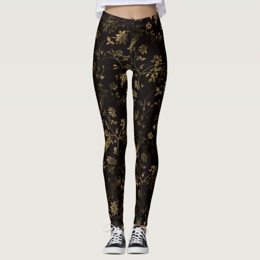 Glam gouden bladeren patroon bruin leggings (Voorkant)