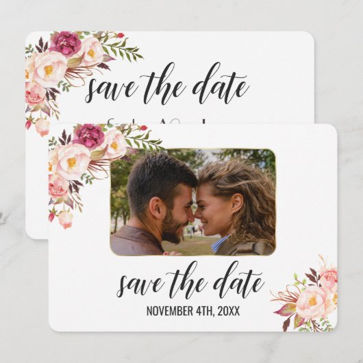 Glam Gouden Blush Roze Bloem Foto Save The Date (Voorkant / Achterkant)