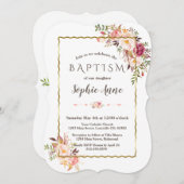 Glam Gouden Blush Roze Bloemen Doop Uitnodiging (Voorkant / Achterkant)