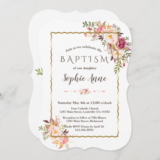 Glam Gouden Blush Roze Bloemen Doop Uitnodiging (Voorkant / Achterkant)
