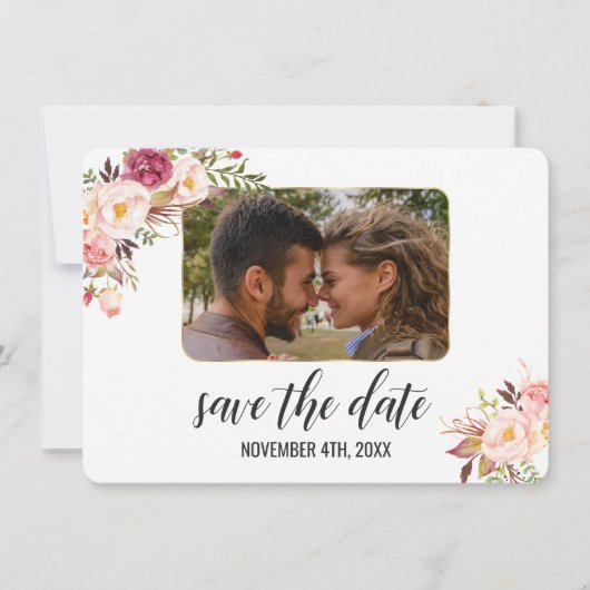 Glam Gouden Blush Roze Bloemige Foto Save The Date (Voorkant)