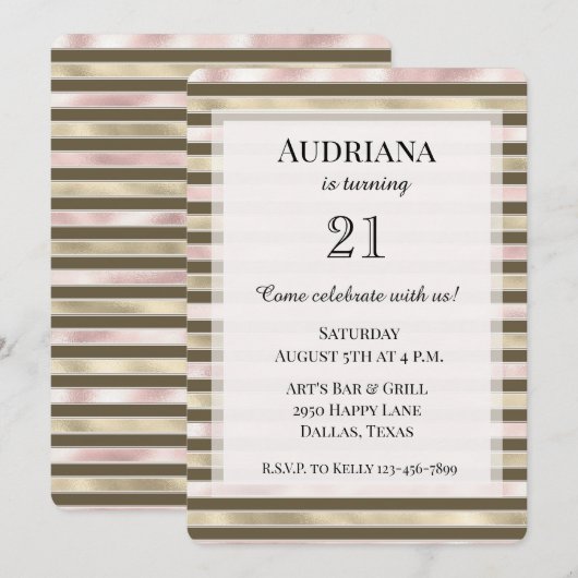 Glam Gouden Blush Roze Bruine Strepen Verjaardag Kaart (Voorkant / Achterkant)