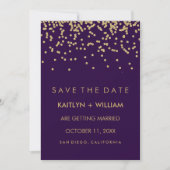 Glam Gouden Confetti en Diep Paarse Save the Date (Voorkant)