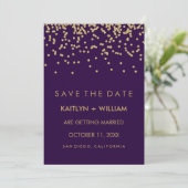 Glam Gouden Confetti en Diep Paarse Save the Date (Staand voorkant)