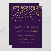 Glam Gouden Confetti en Diep Paarse Save the Date (Voorkant / Achterkant)
