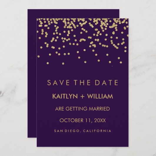 Glam Gouden Confetti en Diep Paarse Save the Date (Voorkant / Achterkant)