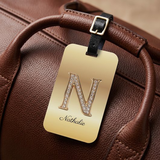 Glam Gouden Diamant Monogram Beginletter N Bagagelabel