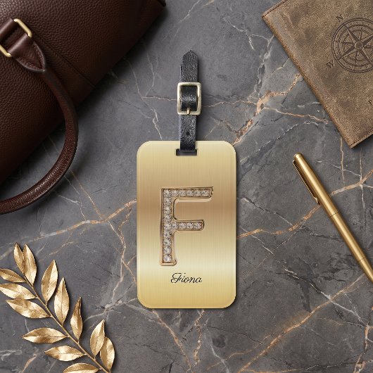Glam Gouden Diamant Monogram Eerste Letter F Bagagelabel