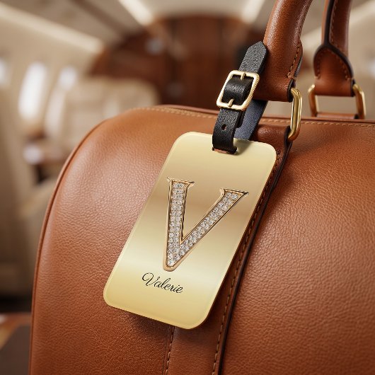 Glam Gouden Diamant Monogram Initiaal Letter V Bagagelabel