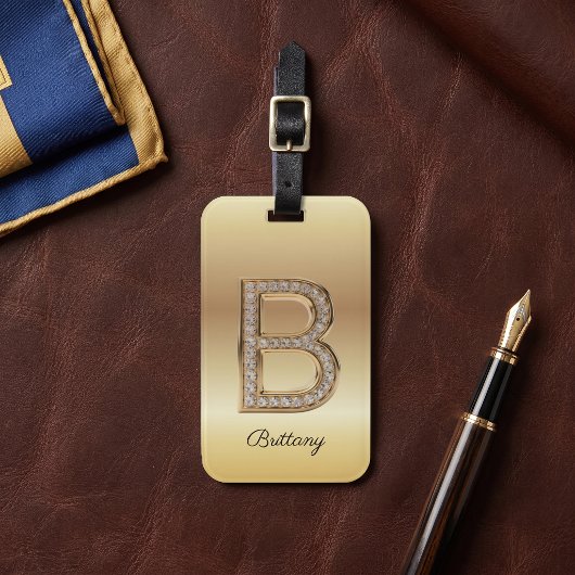 Glam Gouden Diamant Monogram Initiële Letter B Bagagelabel