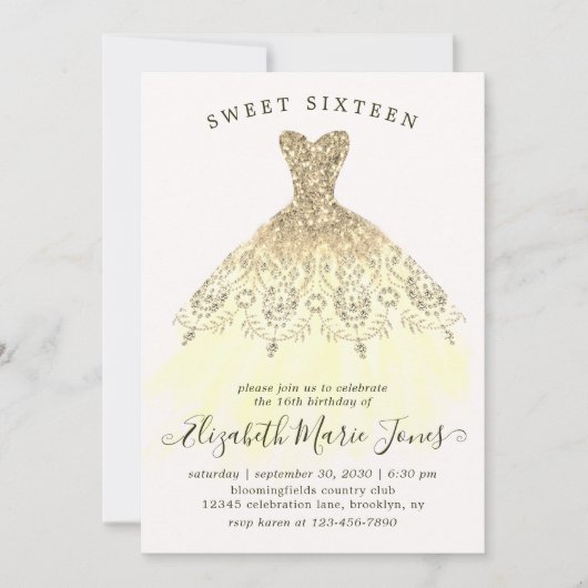 Glam Gouden Gele Sparkle Dress Sweet 16e Verjaarda Kaart (Voorkant)