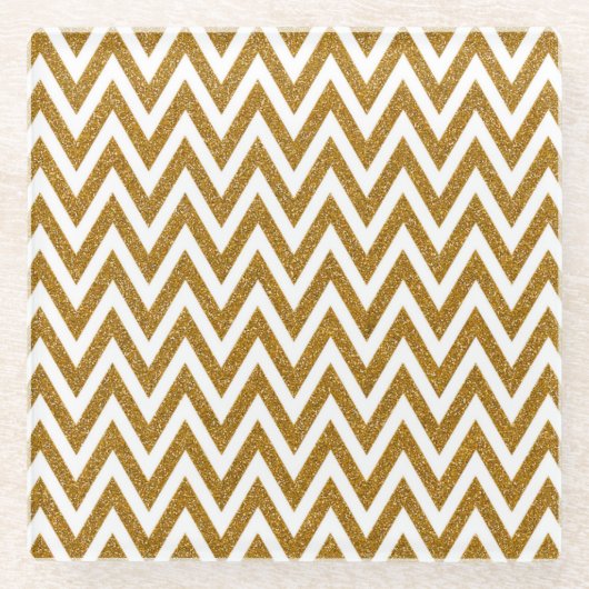 Glam gouden glitter en witte chevron strepen glazen onderzetter (Voorkant)