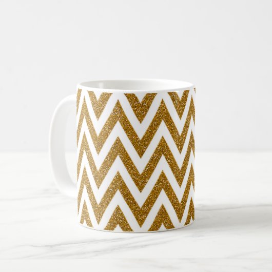 Glam gouden glitter en witte chevron strepen koffiemok (Voorkant links)
