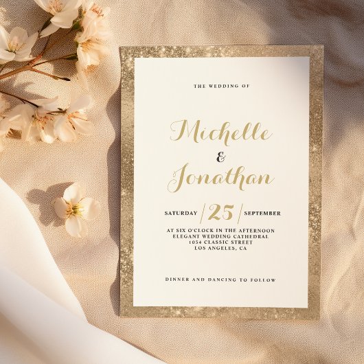 Glam gouden glitter frame script kalligrafie Huwel Kaart