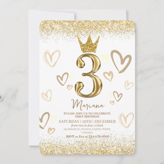 Glam Gouden Glitter Kroon 3e Verjaardagsfeestje Kaart (Voorkant)