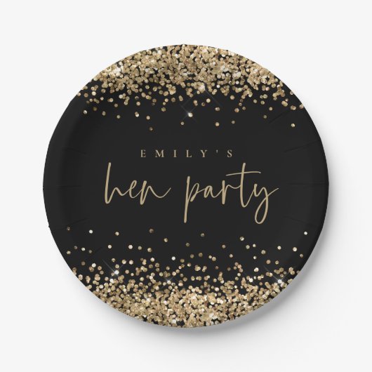 Glam Gouden Glitter Naam Hen Party Zwart Papieren Bordje (Voorkant)
