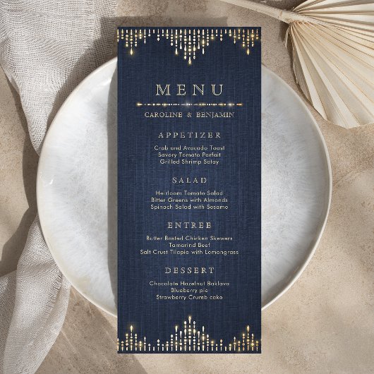 Glam gouden glitter navy deco vintage bruiloft men menu