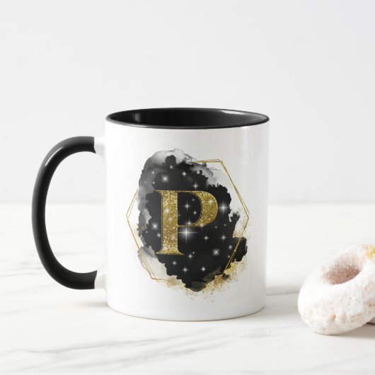 Glam Gouden Glitter P Monogram Mok (Met donut)