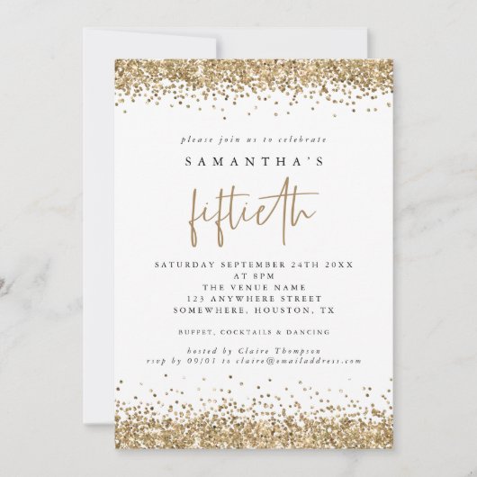 Glam Gouden Glitter Vijftigste Feest Wit Kaart (Voorkant)
