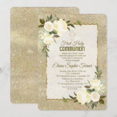 Glam Gouden Glitter Witte Rozen Eerste Heilige Com Kaart (Voorkant / Achterkant)