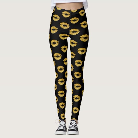 Glam gouden lippen print op zwarte make-up kunsten leggings (Voorkant)