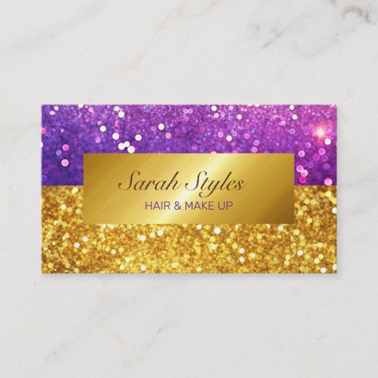 Glam gouden paarse glitter luxe elegante script visitekaartje (Voorkant)