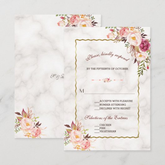 Glam Gouden Roze Bloemige Marmeren Huwelijks RSVP (Voorkant / Achterkant)