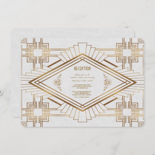 Glam Gouden Witte Great Gatsby Bruiloftsreceptie Kaart (Voorkant / Achterkant)