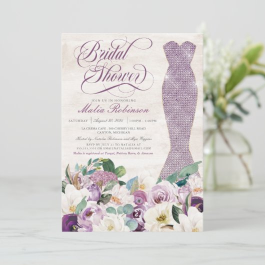 Glam Gown Rustic Floral Lavender Vrijgezellenfeest Kaart (Staand voorkant)