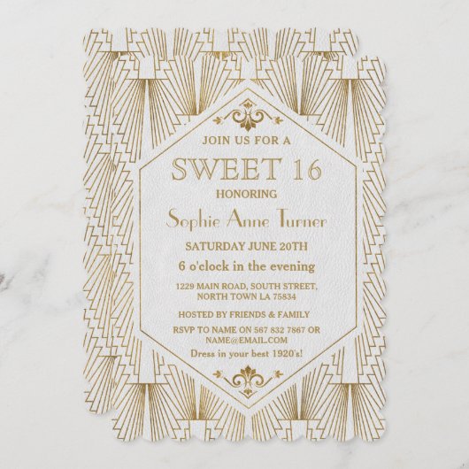Glam Great Gatsby Art Deco Gold White Sweet 16 Kaart (Voorkant / Achterkant)