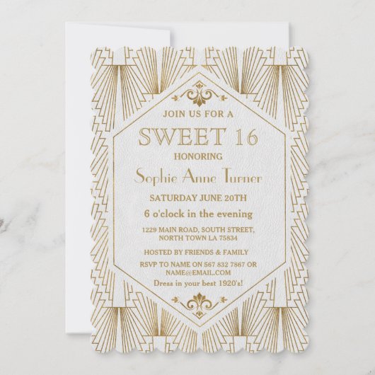 Glam Great Gatsby Art Deco Gold White Sweet 16 Kaart (Voorkant)