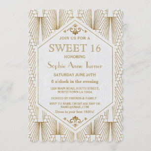 Glam Great Gatsby Art Deco Gold White Sweet 16 Kaart