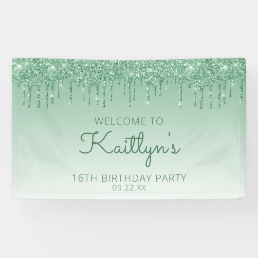 Glam Green Glitter Drip 16e verjaardagsfeestje Spandoek (Horizontaal)